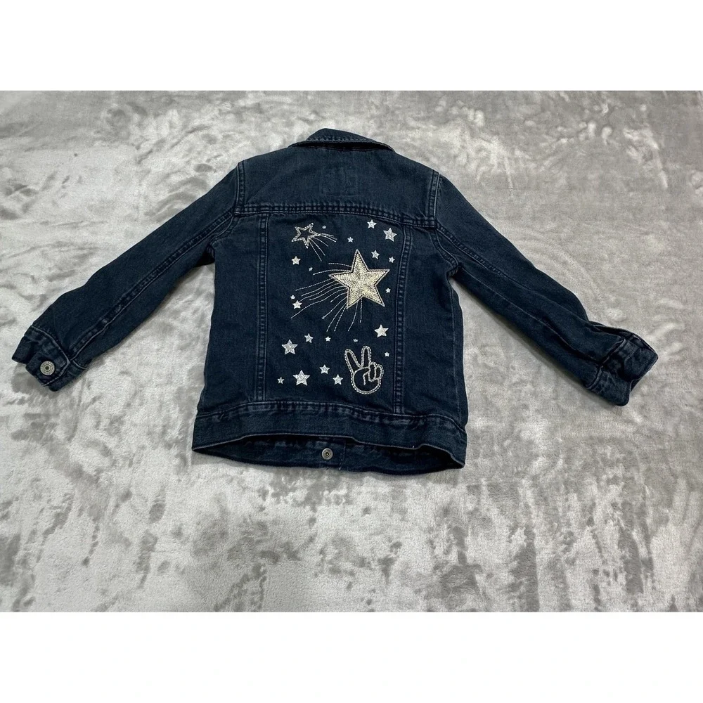 Gap Denim Jacket Girls Size XS Blue Jean Buttons Artsy Cat Meow‎ Long Sleeve EUC